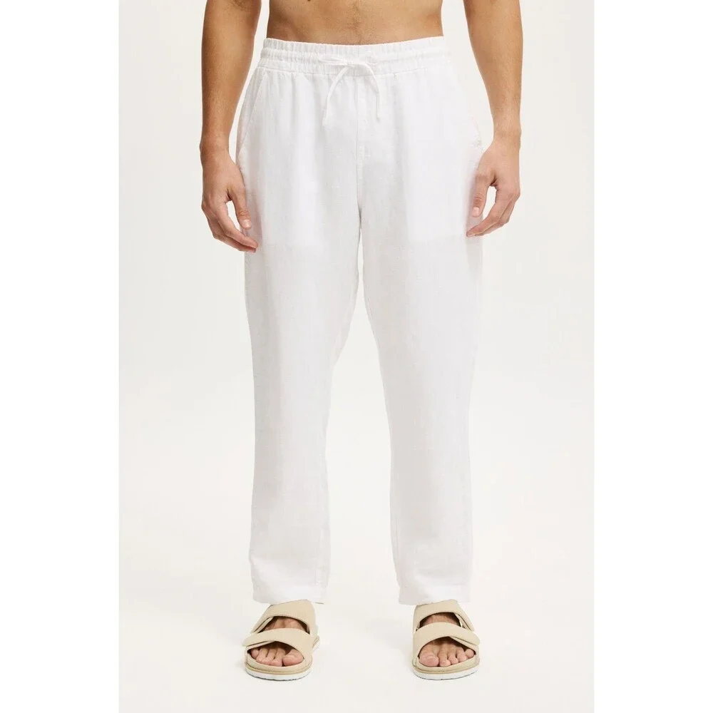 Cotton On Pants Mens Small White Drawstring 100% Linen Tapered Leg Pant
